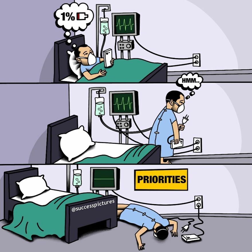 Hospital patient prioritizes charging phone over life-support, illustrated by Success Pictures.