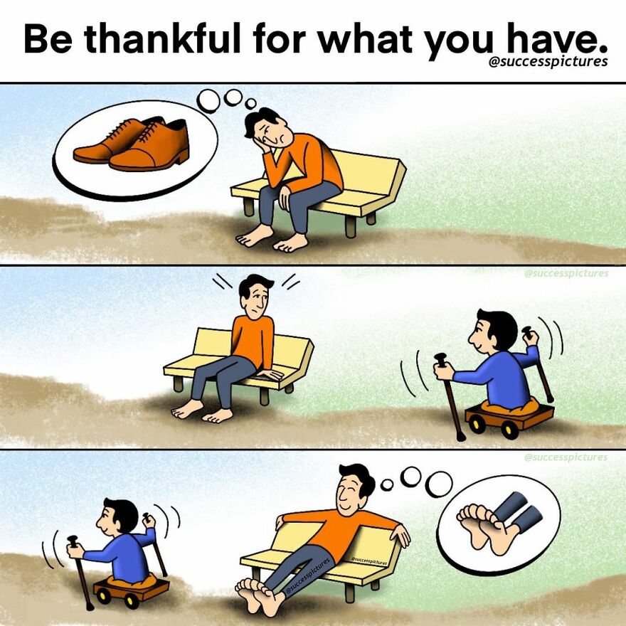 Illustration by Success Pictures showing gratitude and perspective through a thoughtful comic strip.