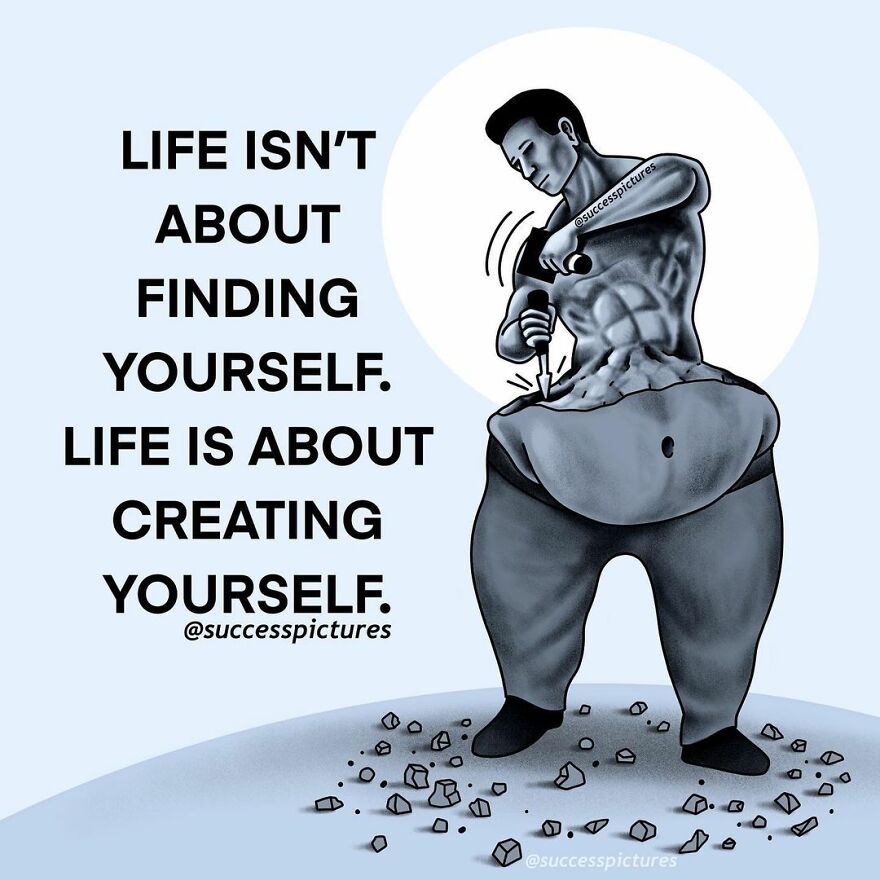 Illustration of a man sculpting his body with text about creating yourself, by Success Pictures.