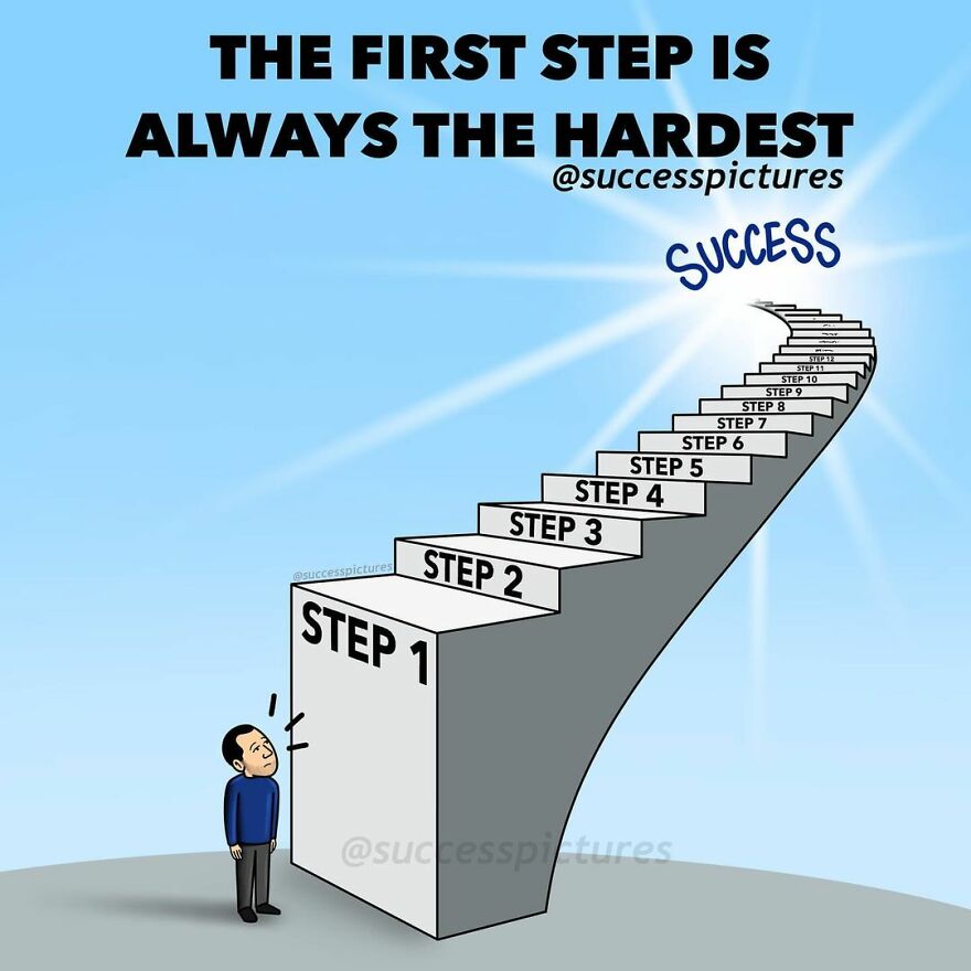 Success Pictures illustration of a man facing a large first step, leading up a staircase toward success.