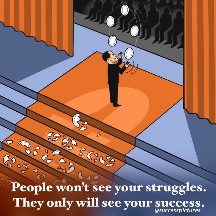 Illustration of a man juggling on stage, broken plates hidden, showcasing success beyond struggles.