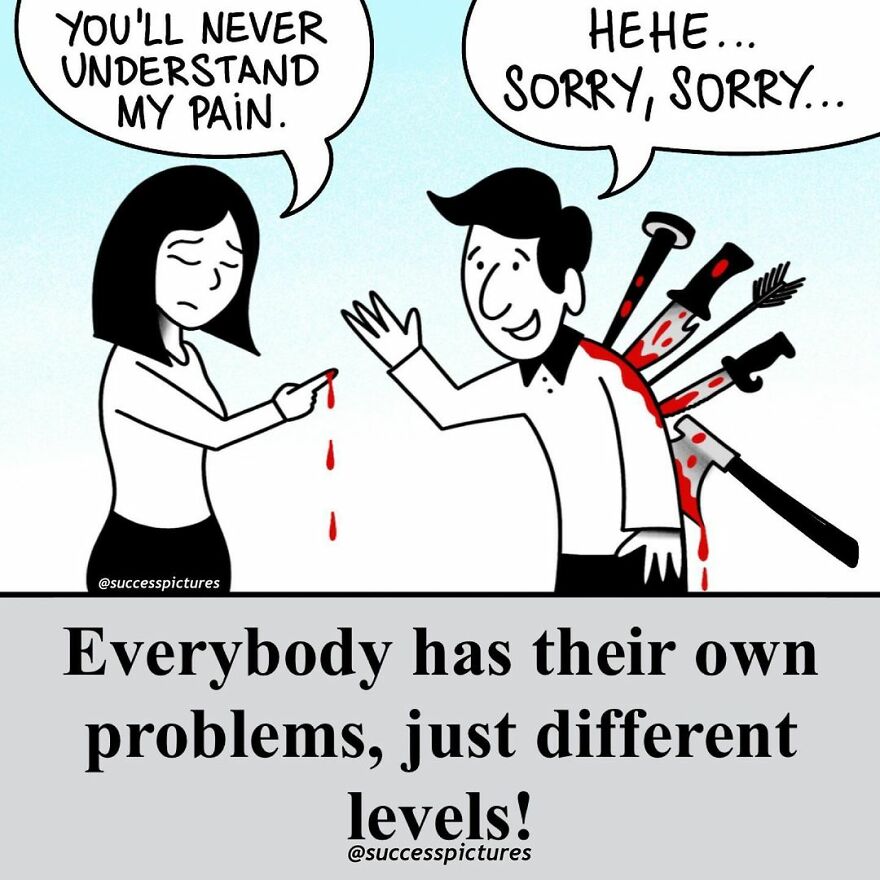 Illustration by Success Pictures showing people discussing their personal struggles with varying levels of pain.