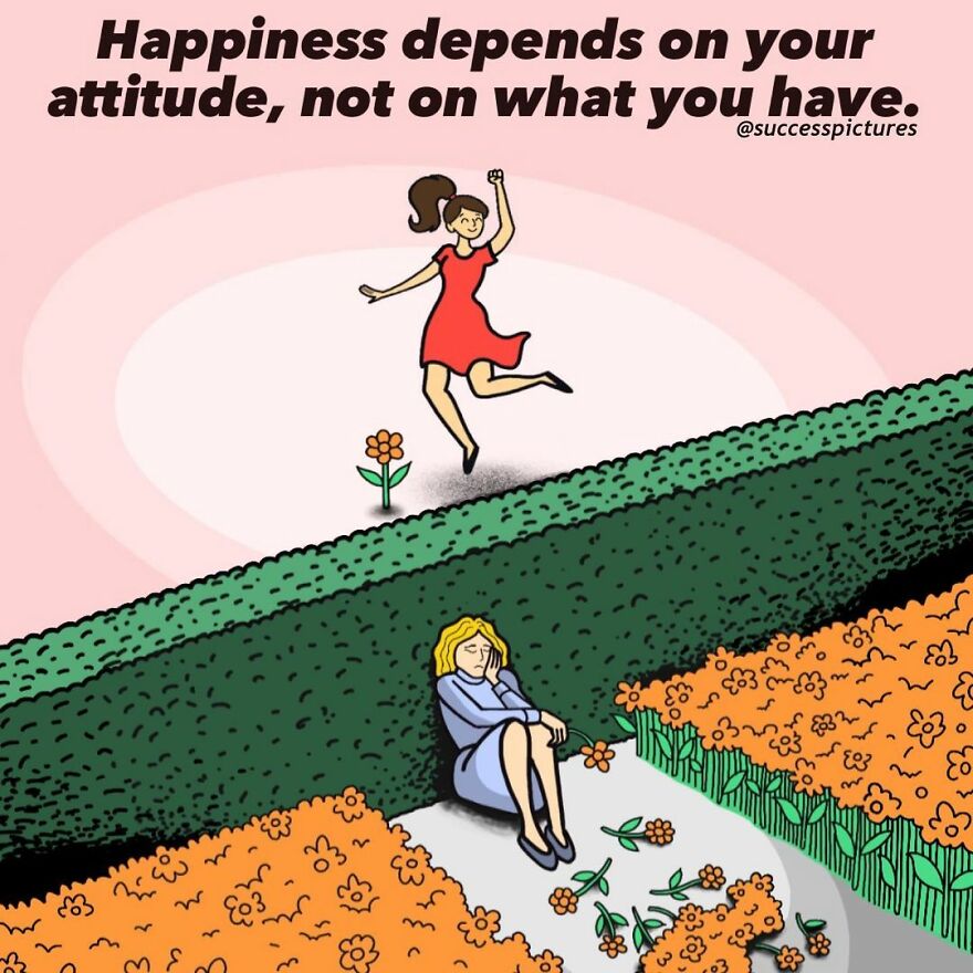 Motivational illustration by Success Pictures showing happiness based on attitude, with contrasting characters and flowers.