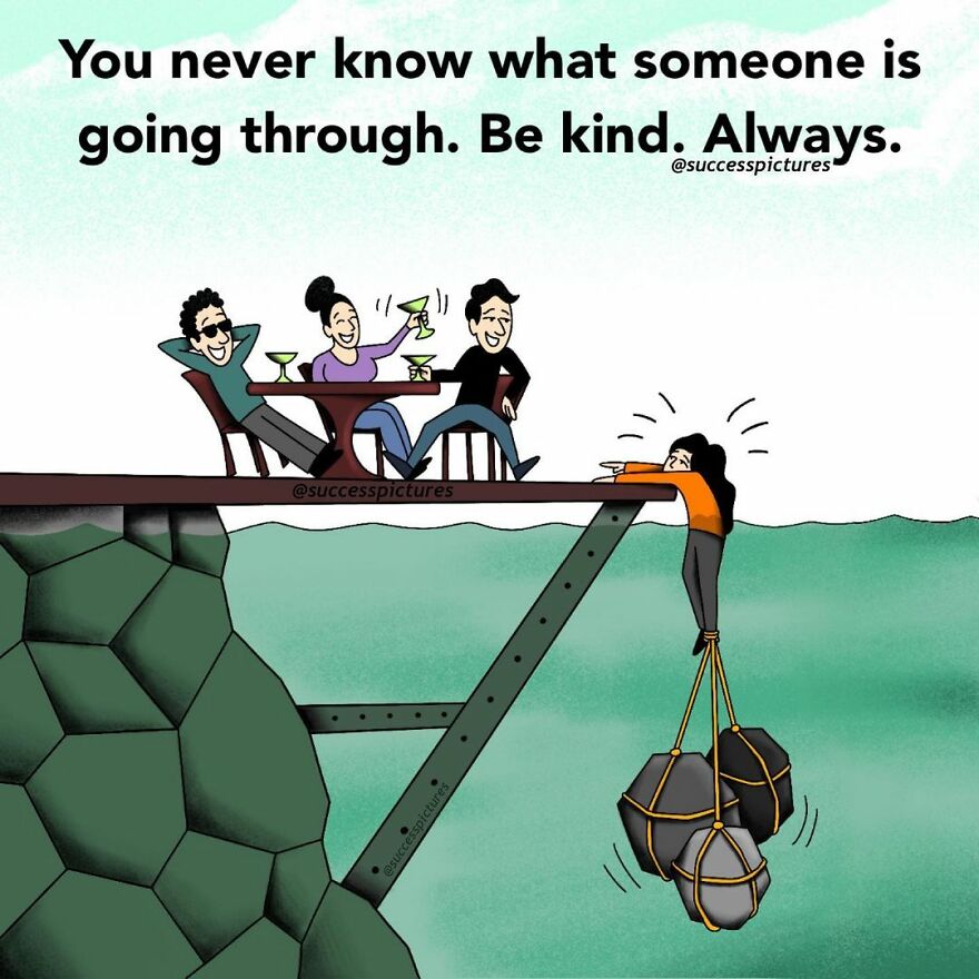 Illustration by "Success Pictures" showing a person struggling under a table with rocks, while others enjoy drinks above.