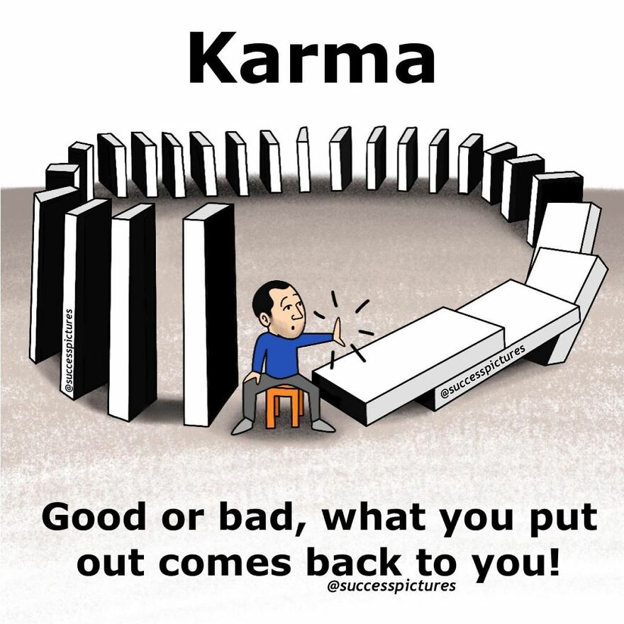 Motivational illustration by Success Pictures showing a man pushing dominoes labeled "karma."