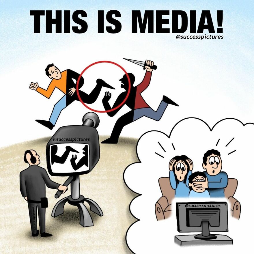 Illustration by Success Pictures depicting media manipulation, as a couple watches sensationalized TV news.