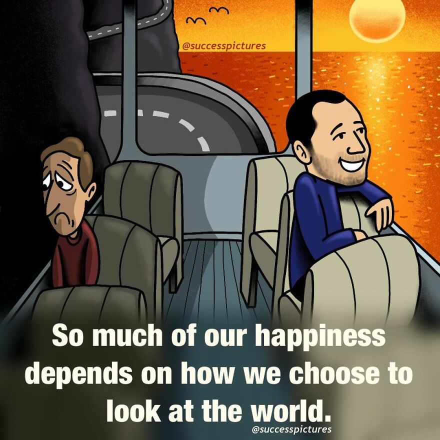 Illustration by "Success Pictures" showing contrasting perspectives on a bus with a motivational quote.