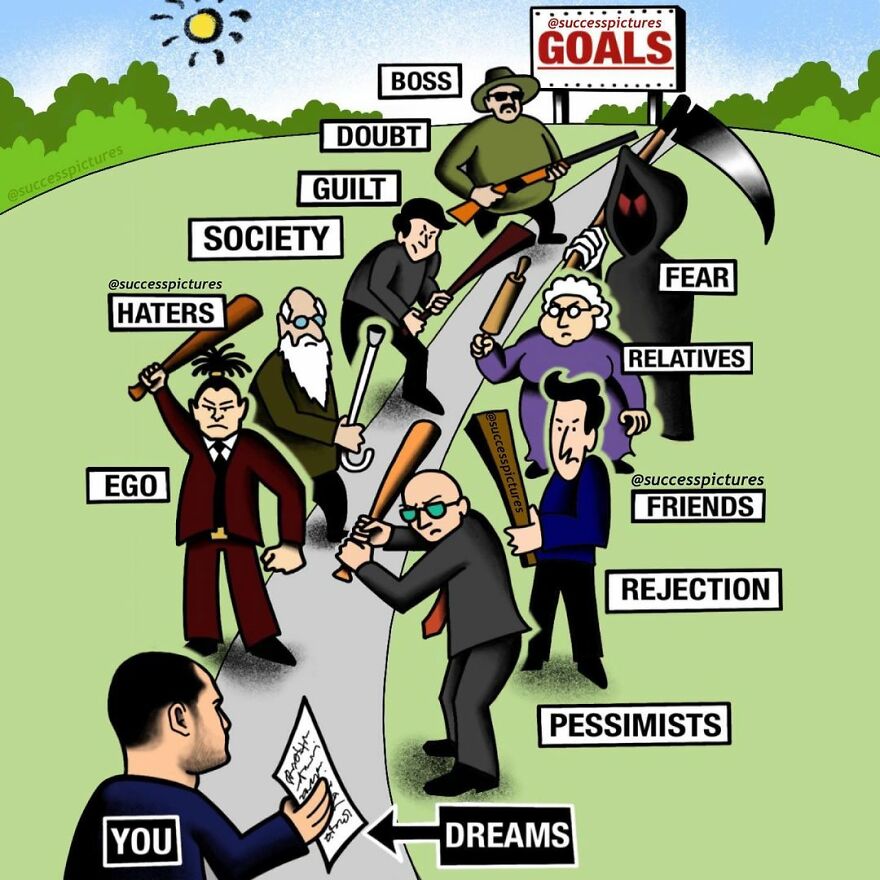 Motivational illustration by Success Pictures showing obstacles on the path to goals, including fear, doubt, and rejection.