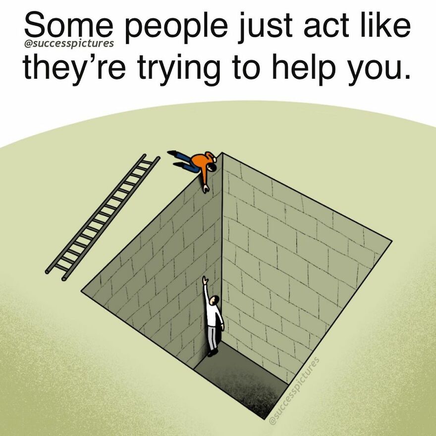 Illustration by Success Pictures showing a person pretending to help another out of a pit, with a ladder nearby.