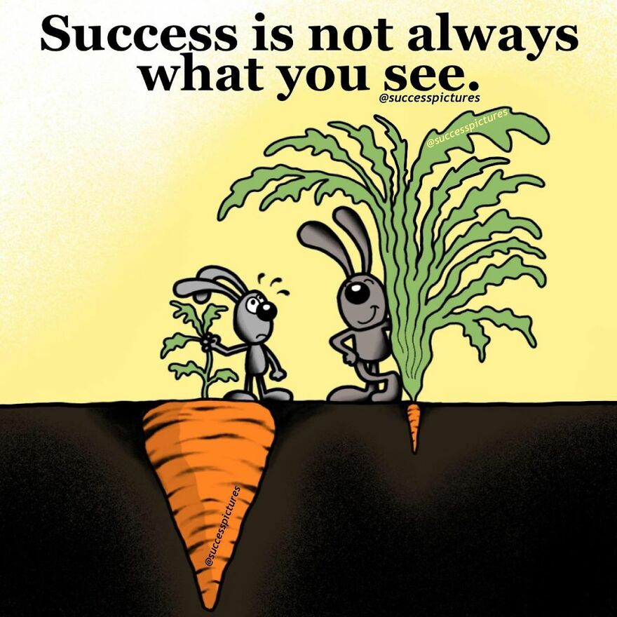 Illustration of two rabbits comparing carrots, showing success hidden beneath the surface.