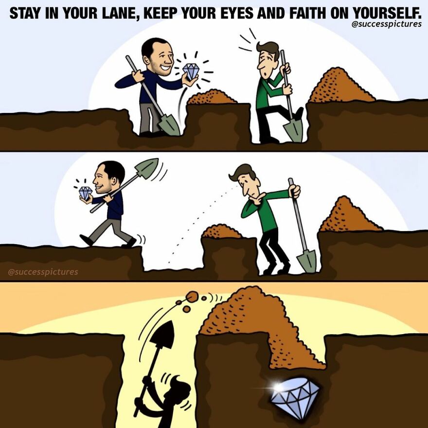 Illustration from "Success Pictures" showing two men digging, one finds a diamond, motivational concept.