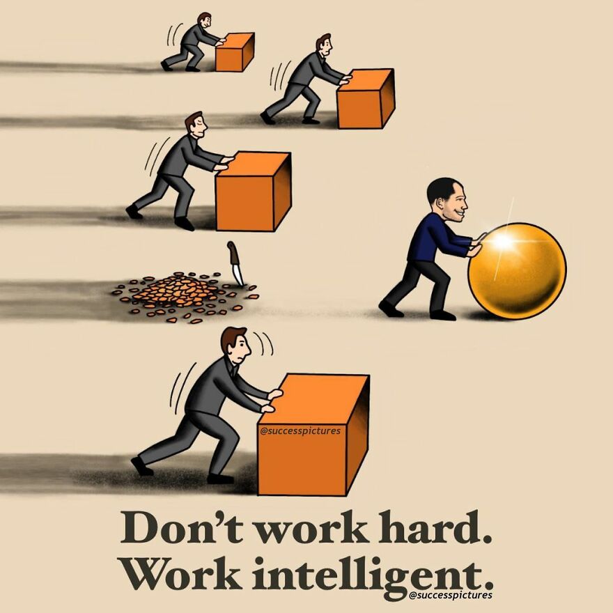 Illustration of a man pushing a cube, then switching to a sphere. Motivational concept by Success Pictures.