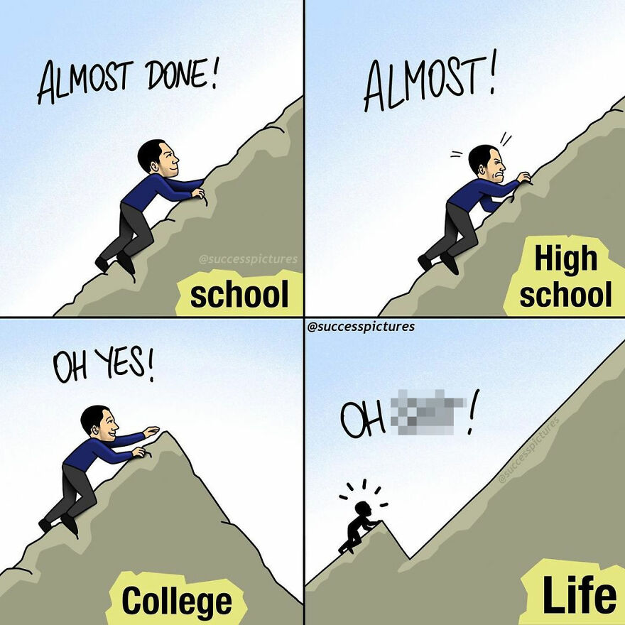 Cartoon of a person climbing successive peaks labeled School, High School, College, and struggling with Life.