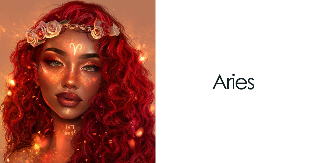Digital art of Aries zodiac sign woman with glowing fiery skin, red curly hair, and a floral crown representing zodiac signs women.