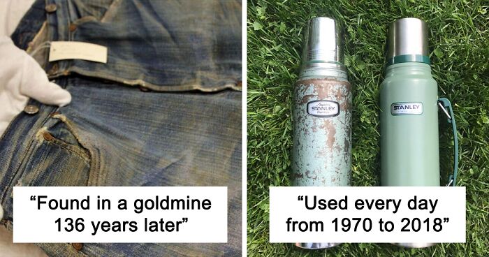 Faded vintage denim jeans and classic Stanley thermoses showing items that have withstood the test of time.