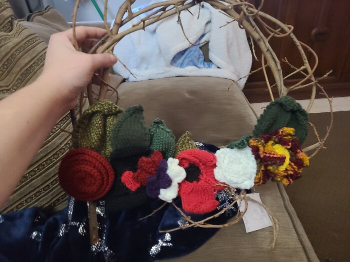 The Wreath Is Handmade By One Of My Sisters And I Knit All The Flowers And Leaves.