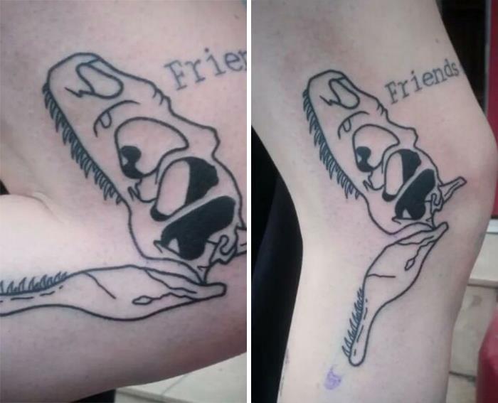 Creative tattoo of a dinosaur that transforms when arm moves, with the word "Friends" above.