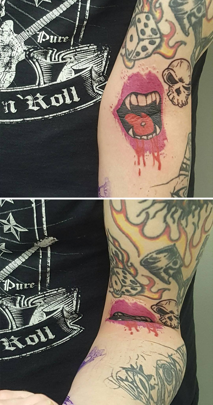 Creative tattoo of an open mouth on an arm, transforming when the arm bends.