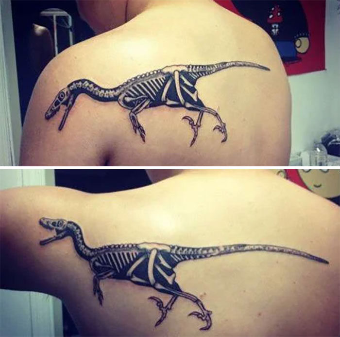 Creative tattoo of a dinosaur skeleton on a back, transforming as the body moves.