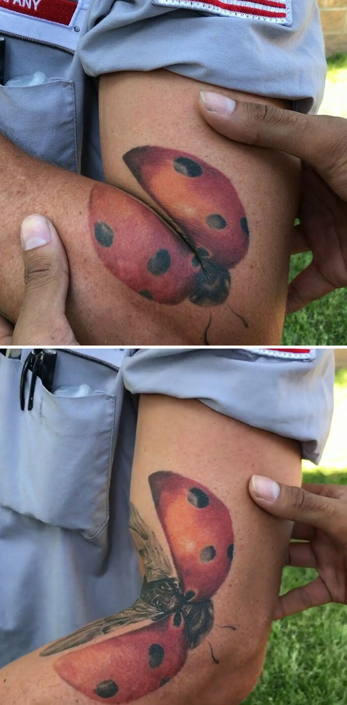 Creative tattoo of a ladybug that opens its wings when the arm bends.