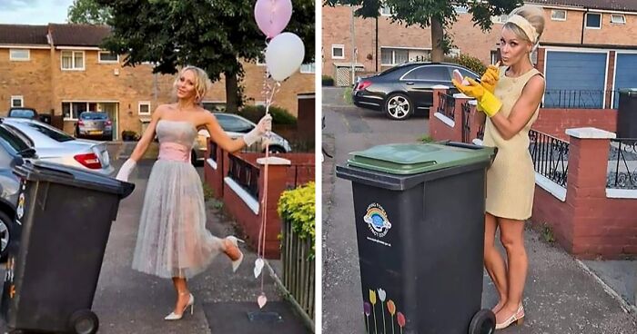 For 20 Weeks, This Essex Woman Wore Posh Dresses To Take Her Garbage Out (13 Pics)