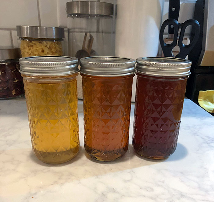 The Different Colors Of The Honey I Harvested This Year: Spring, Summer And Fall