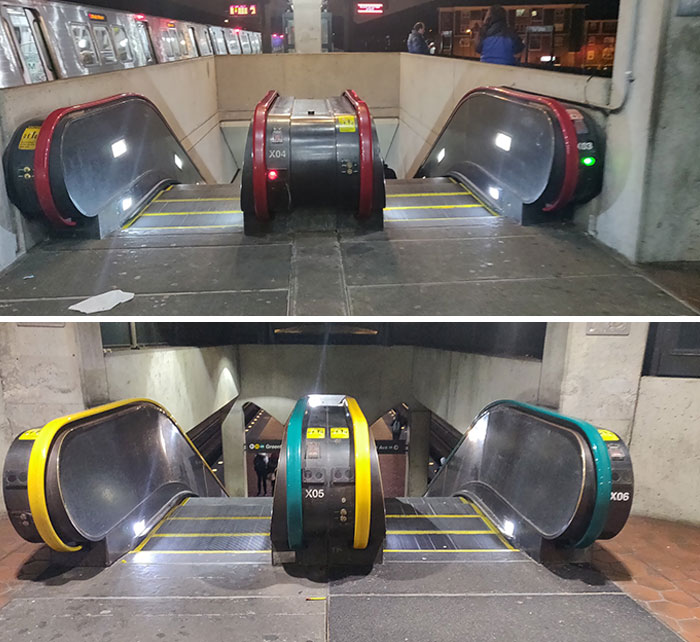 Train Station's Color Coded Escalator Handrails Show You Which Line Comes To Which Platform