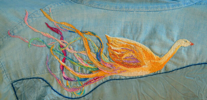 Phoenix On Grandpa's Shirt - First Try At Hand Embroidery Design