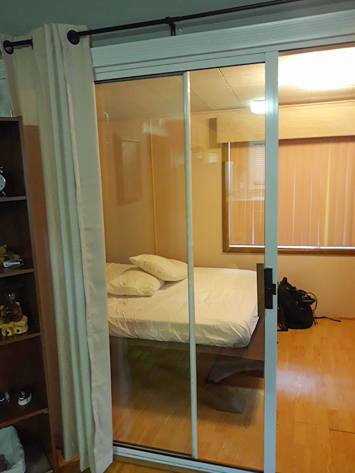 Why: 1. They Put In A Sliding Door To A Bedroom. 2. They Placed Curtains On The Outside Of It. 3. They Also Placed The Lock On The Outside