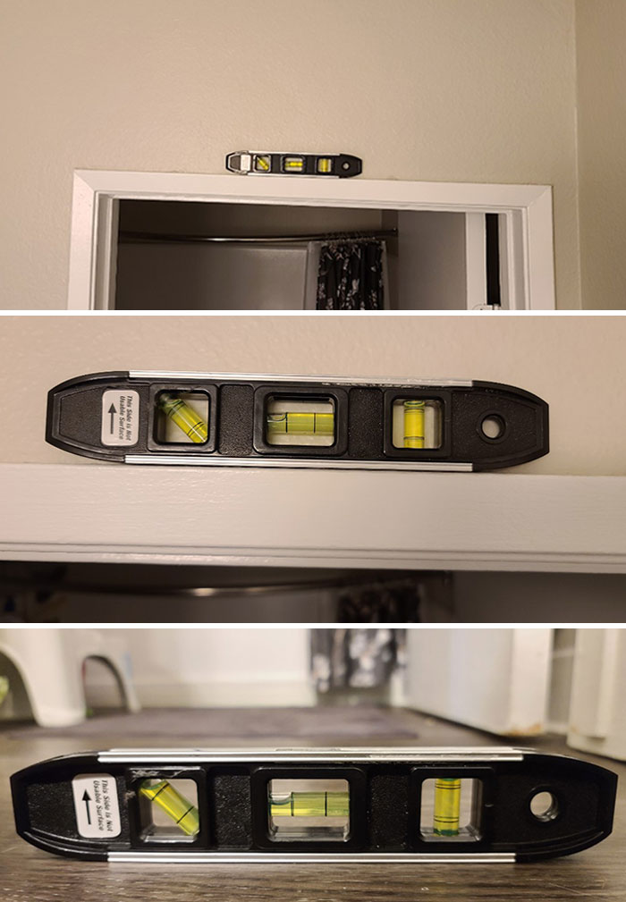 Living In This Apartment For Almost A Year And Something Has Always Felt A Little "Off" About The Bathroom. Turns Out The Entire Room Is Horribly Crooked, Even The Doorway