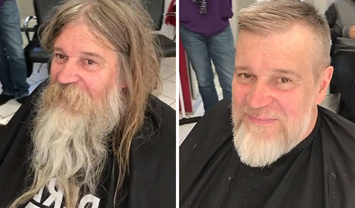 Awesome Barber Transforms This Homeless Man For Free And His Before And After Pics Show Another Man