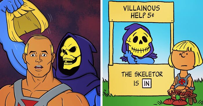 21 Illustrations Of Shenanigans Between He-Man And Skeletor In Various Cartoon Styles