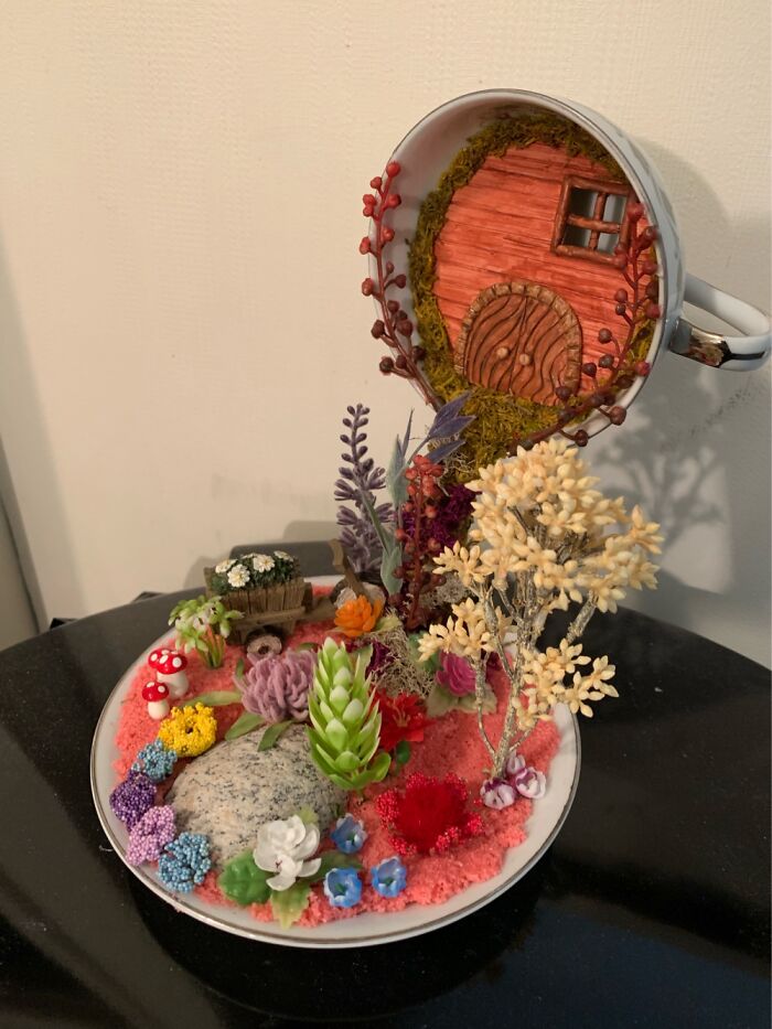 Teacup Fairy House Nightlight (Lights Up Inside The House). House Is Made With Clay And Painted