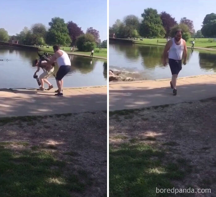 Guy Pushes Photographer Into Pond