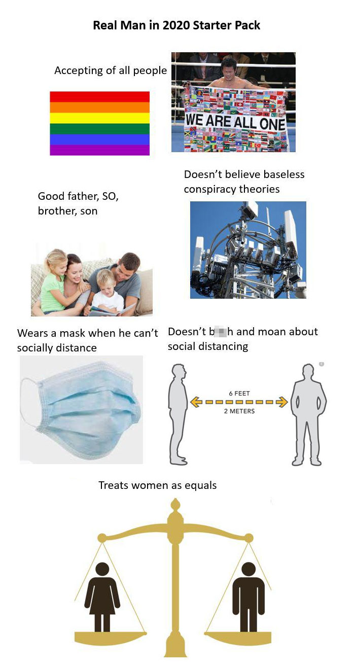 Funny starter pack meme about a man in 2020, showing inclusivity, social distancing, and gender equality traits.
