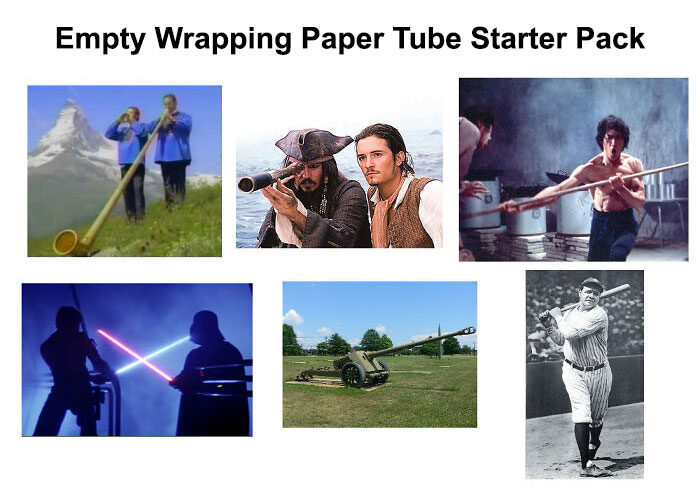 Starter pack meme with varied images, including pirates, lightsaber duel, and a baseball player.