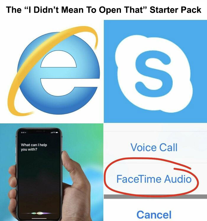 Funny starter pack meme featuring Internet Explorer, Skype, Siri, and FaceTime Audio.