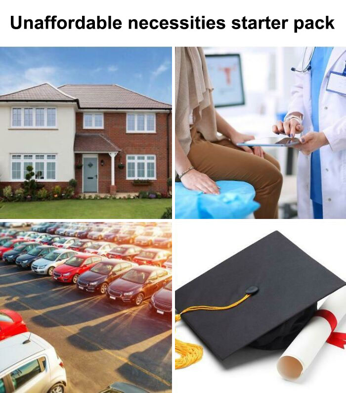 Starter pack meme featuring house, doctor visit, parking lot, and graduation cap.