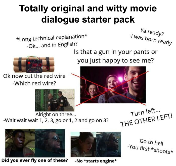 Witty movie dialogue starter pack meme with funny and classic movie lines.