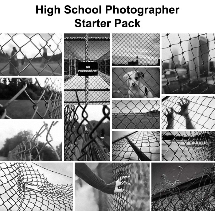 "High school photographer starter pack meme showing various chain-link fence photos."