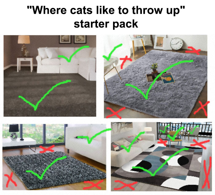 Funny starter pack meme showing where cats prefer to throw up, with green check marks on rugs and carpets.