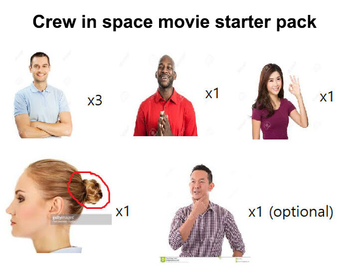 Funny starter pack meme featuring a diverse crew in a space movie setting.