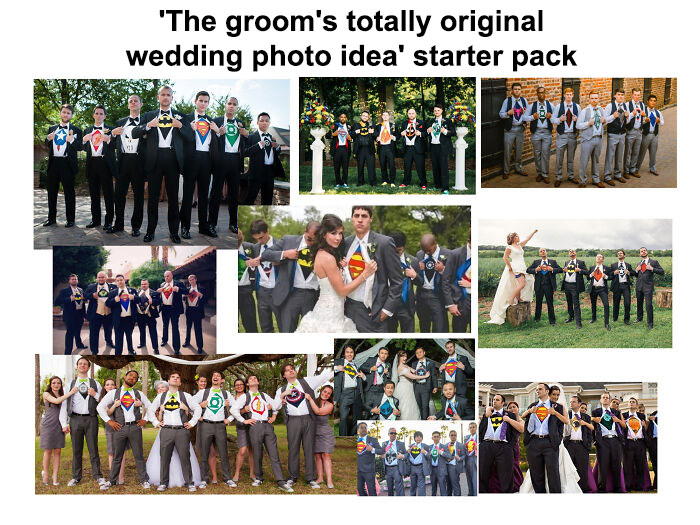 Group of groomsmen in superhero shirts under suits, forming a humorous wedding meme starter pack.