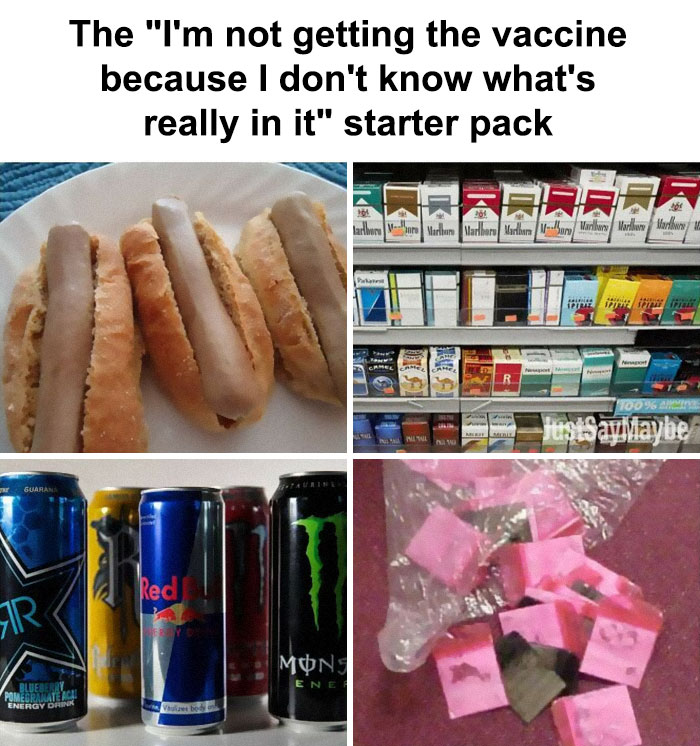 Starter pack meme with hot dogs, cigarettes, energy drinks, and sweeteners humorously questioning vaccine ingredients.