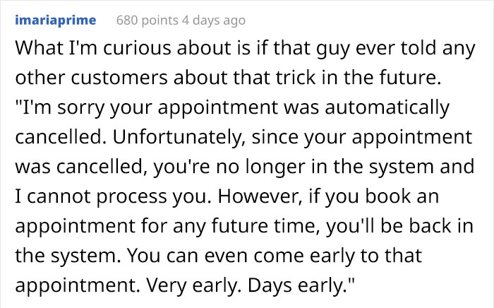 Person's Appointment Gets Canceled Because They Were 5 Minutes Late, But They 'Trick' The System And Get In Anyway Person's Appointment Gets Canceled Because They Were 5 Minutes Late, But They 'Trick' The System And Get In Anyway