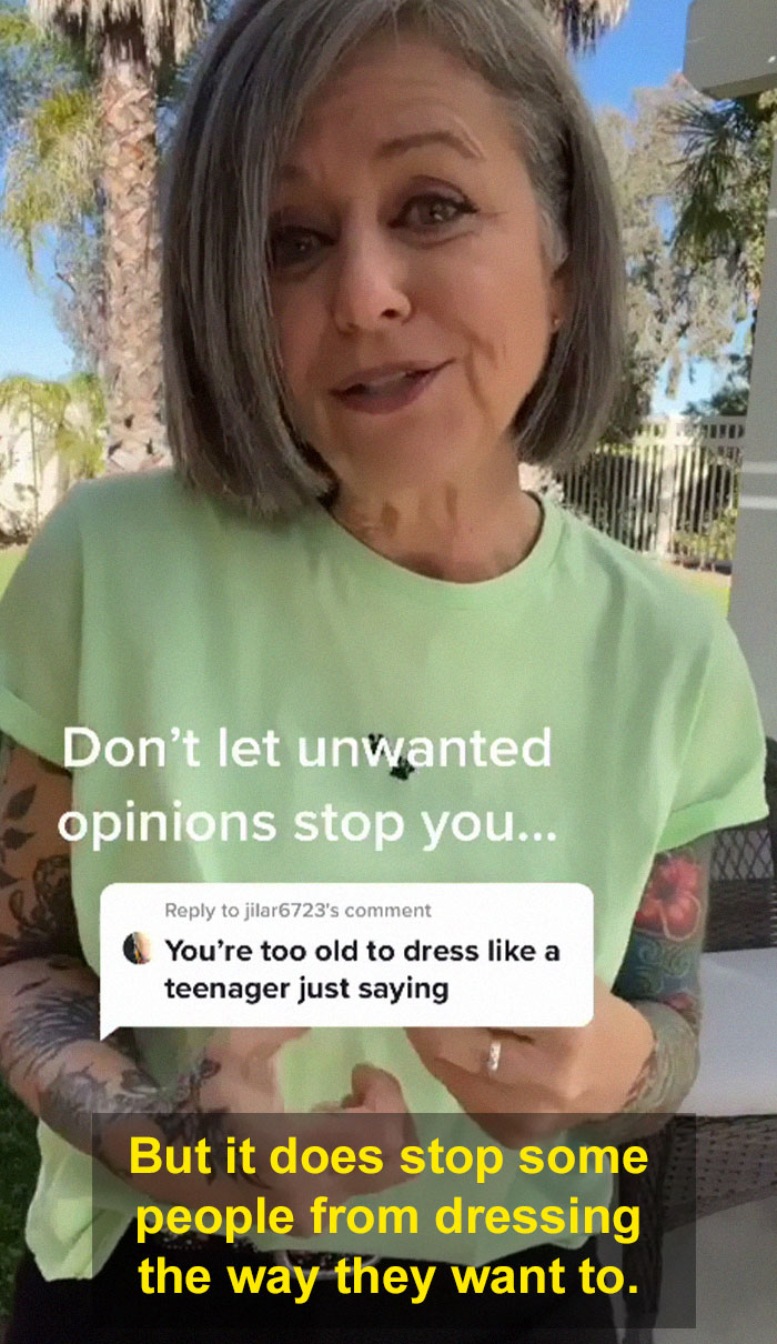 Woman in her 50s responding confidently to comments about dressing like a teenager, showing her outfit and style.