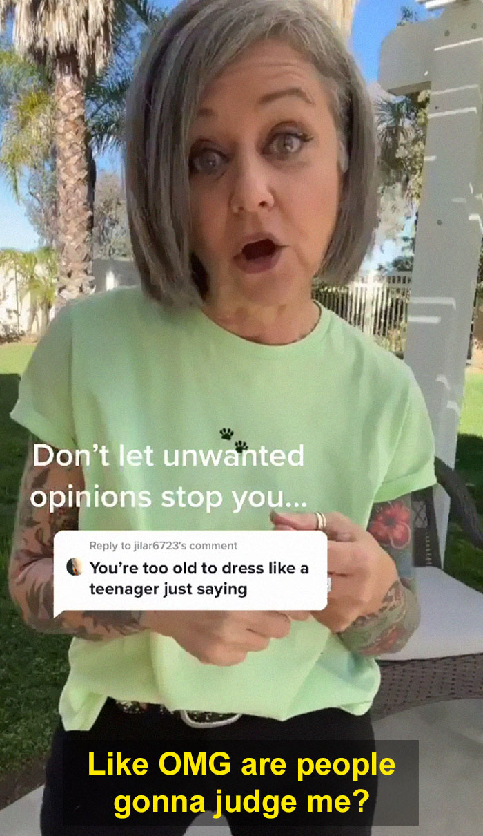 Woman in her 50s confidently responds to being told she&rsquo;s too old to dress like a teenager with bold outfit and attitude.