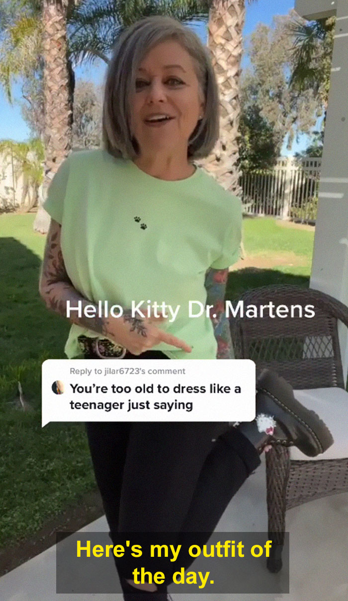 Woman in her 50s confidently responds to being told too old to dress like a teenager with her stylish outfit.