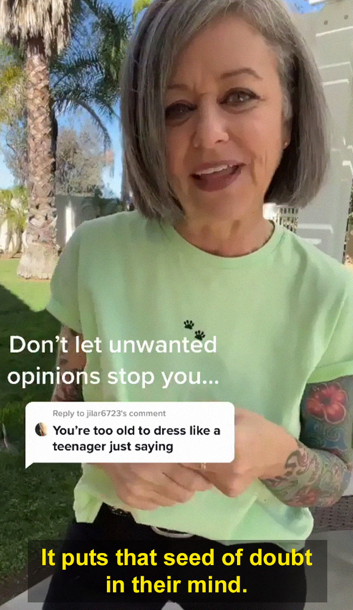 Woman in her 50s confidently wearing a casual outfit and responding to being told she's too old to dress like a teenager.