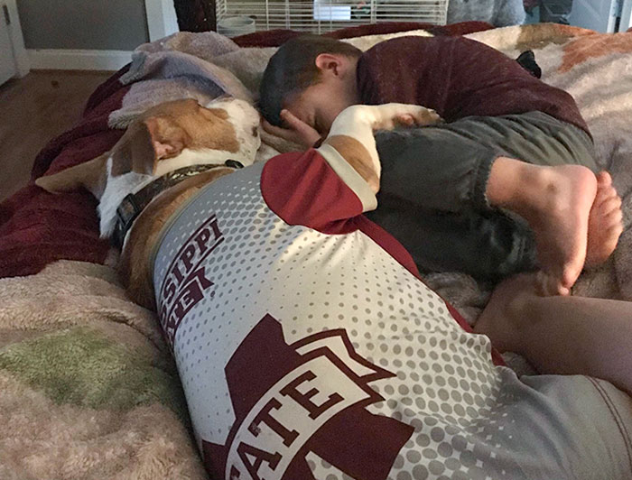 My 3-Year-Old Is Sick With The Flu, And All He Wants Is His Dog. He’s Been Sleeping Like That For Hours. Hammer Is The Best Boy